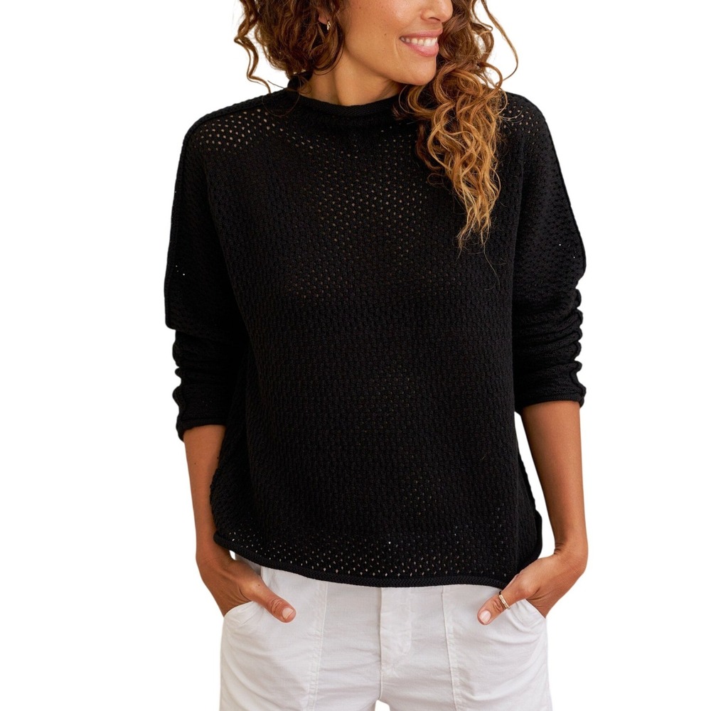 Frank & Eileen Black Monterey Pointelle Rolled Funnel Neck Sweater L Open Knit